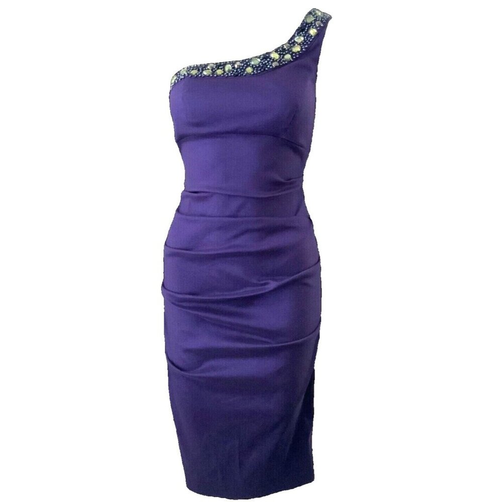 Xscape Purple One-Shoulder Cocktail Dress Women's 4 Beaded Detail Bodycon